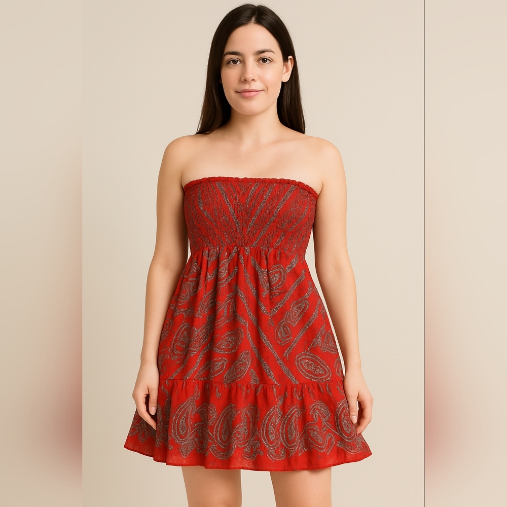 Coral Strapless Paisley Print REVERSIBLE Smocked Dress Size Medium NWOT - Picture 3 of 6
